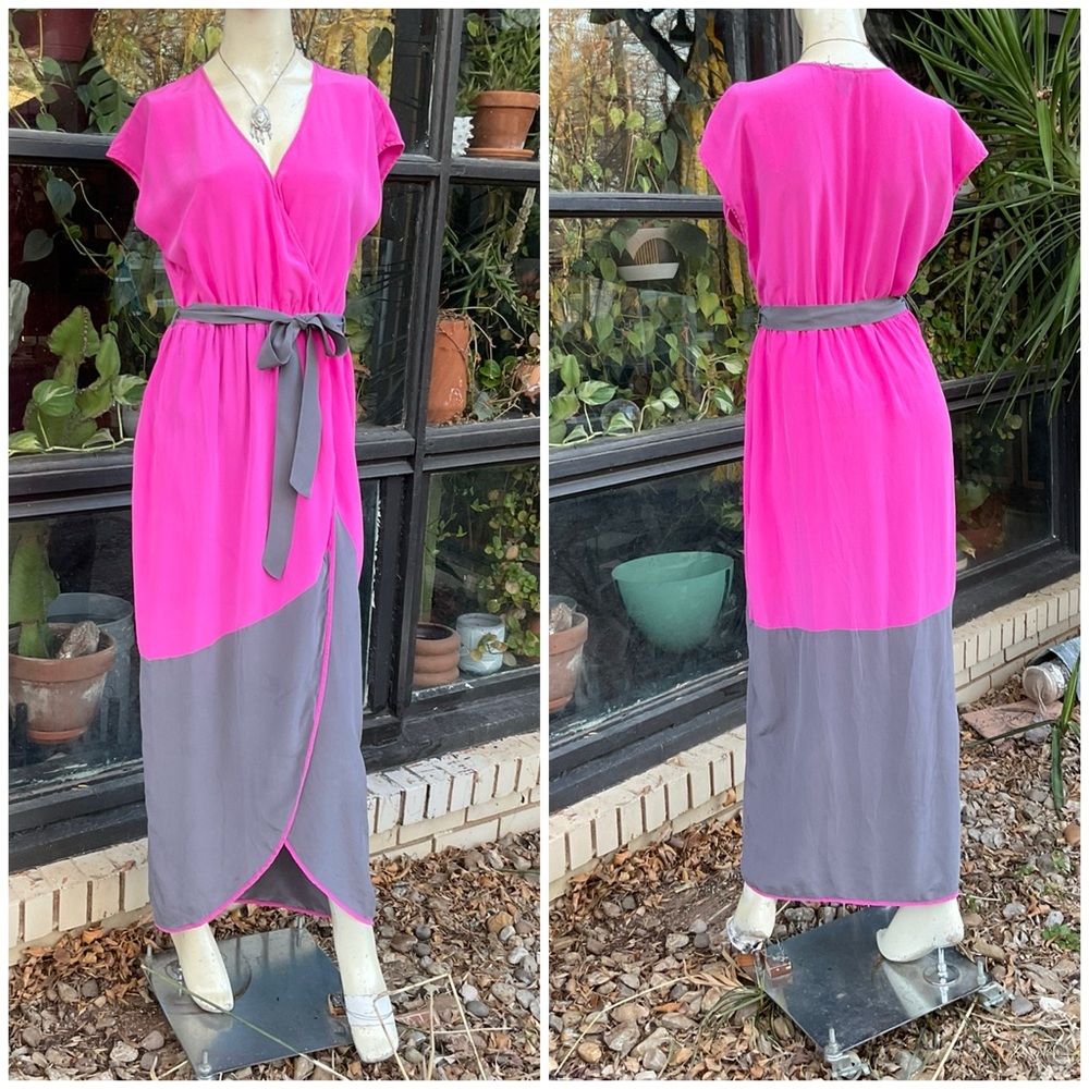 100% Silk Charlie Jade Belted Maxi Dress Faux Wrap Surplice Medium
